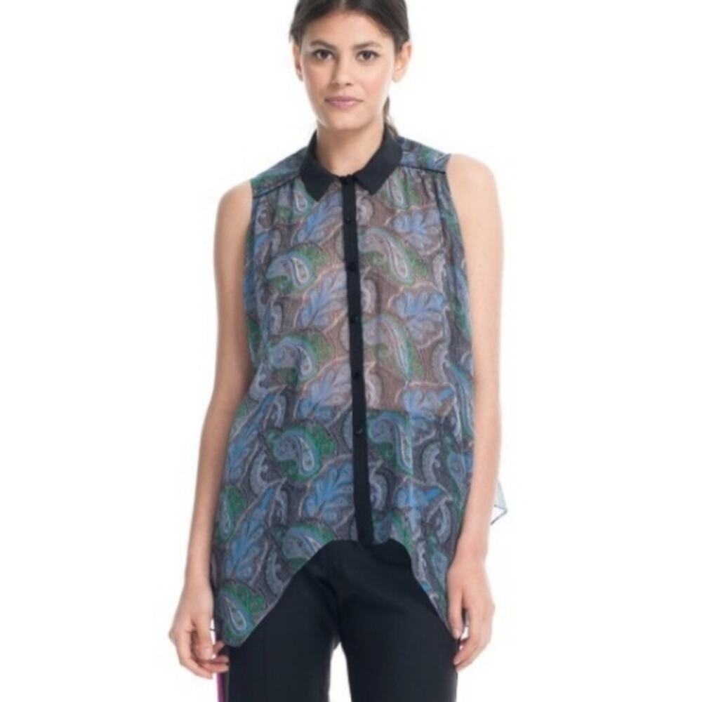 XS Elizabeth & James silk bouse, blue black paisley, sleeveless handkerchief hem
